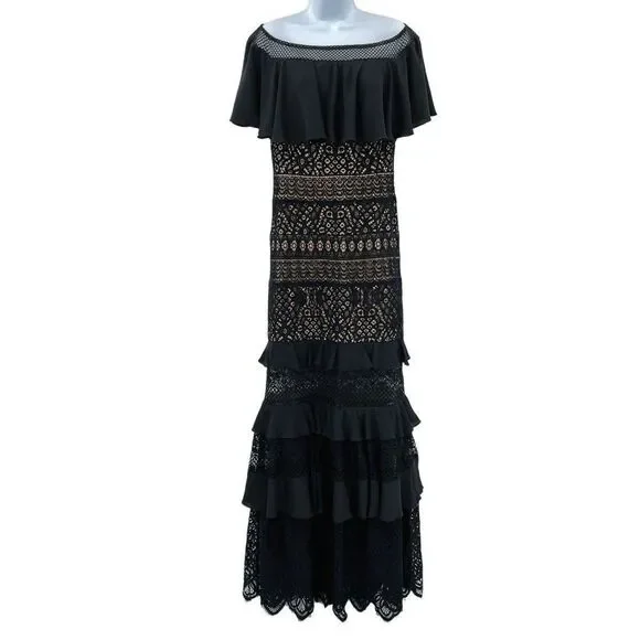NEW Tadashi Shoji Alexia Lace Off The Shoulder Ruffle Gown Dress Black 10